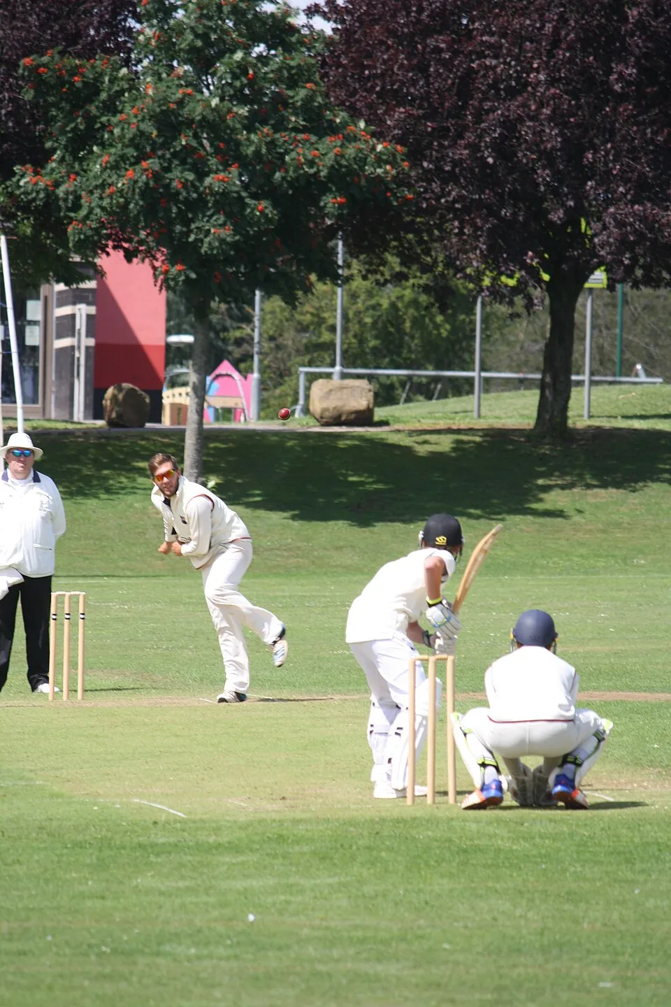A bowler delivering toward the batter and wicketkeeper. CC0 sample; not Tailor academy photography.